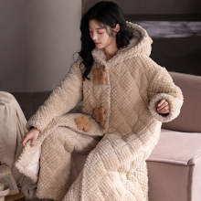 三层夹棉睡袍女秋冬季珊瑚绒加厚加绒法兰绒睡衣长款保暖冬天套装