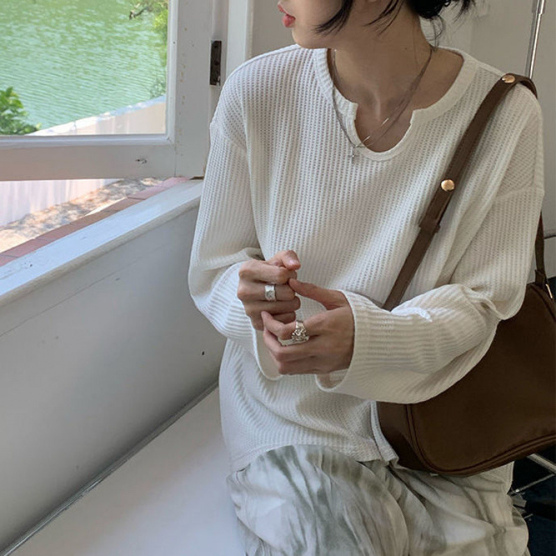 Waffle Sweater 2024 Early Autumn New Top T-Shirt Women's Design U-Neck Niche Thin Slim Long Sleeve Waffle Sweater 2024 Early Autumn New Top T-Shirt Women's Design U-Neck Niche Thin Slim Long Sleeve