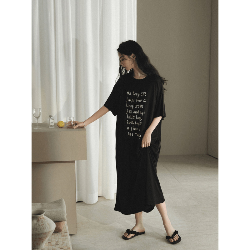 Summer Modal Letter-Print Short-Sleeved Nightgown, New Casual American Design, Loose-Fitting Dress That Can Be Worn Outside