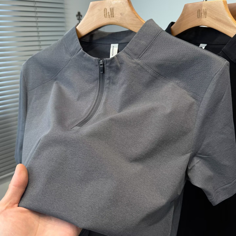 Patchwork Sports Casual Polo Shirt Short-Sleeved Men's Summer 2026 New Trendy Solid Color Half-Zip Five-Quarter Sleeve Top