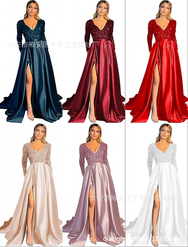 Wholesale 2023v Collar Long Sleeve Cocktail Ball Toast Dress A- line Slit Sequins Satin Formal Evening Dress
