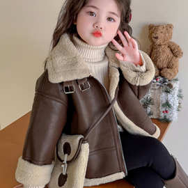女童加绒加厚皮衣秋冬装2025冬季新款韩版时尚儿童皮毛一体外套潮