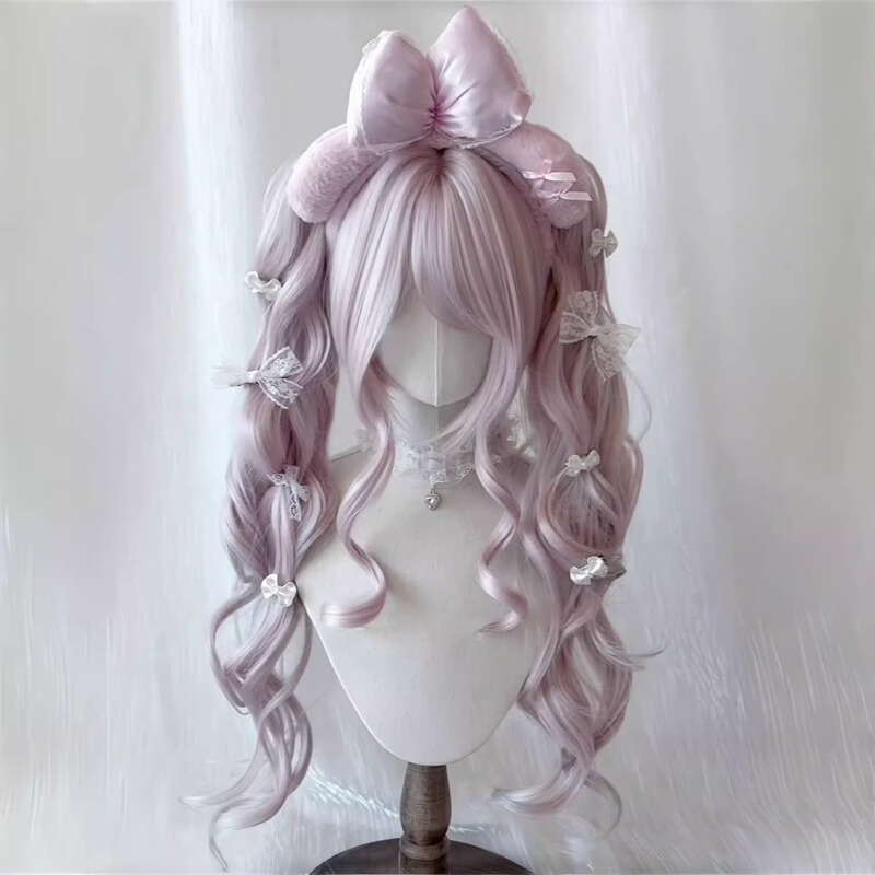 Vintage Lolita Style Wig for Women, Light Pink Doll-Like Double Ponytail with Claw Clips, Everyday Full Head Wig