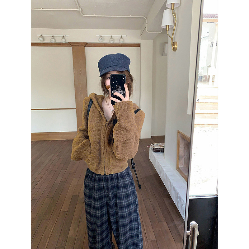 Moses Queen/Mo Xi Queen Lazy Sweater Teddy Velvet Hooded Double Zipper Knitted Cardigan Jacket