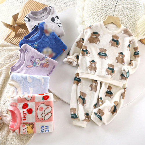Flannel children's pajama set for autumn and winter, unisex, with extra warm and thick home clothes, suitable for middle-aged children, warm innerwear set