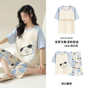Pure Cotton Padded Pajamas for Women, Summer Short-Sleeved Cropped Pants, Thin Simple Cartoon Puppy Pullover Outer Wear Home Clothes