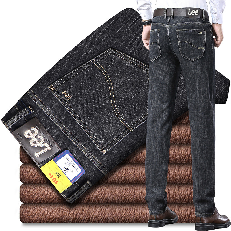 Lee dex Jeans Men's fleece-lined Thickened Winter Warm Straight Loose Middle-aged Business Casual Stretch Trousers Lee dex Jeans Men's fleece-lined Thickened Winter Warm Straight Loose Middle-aged Business Casual Stretch Trousers