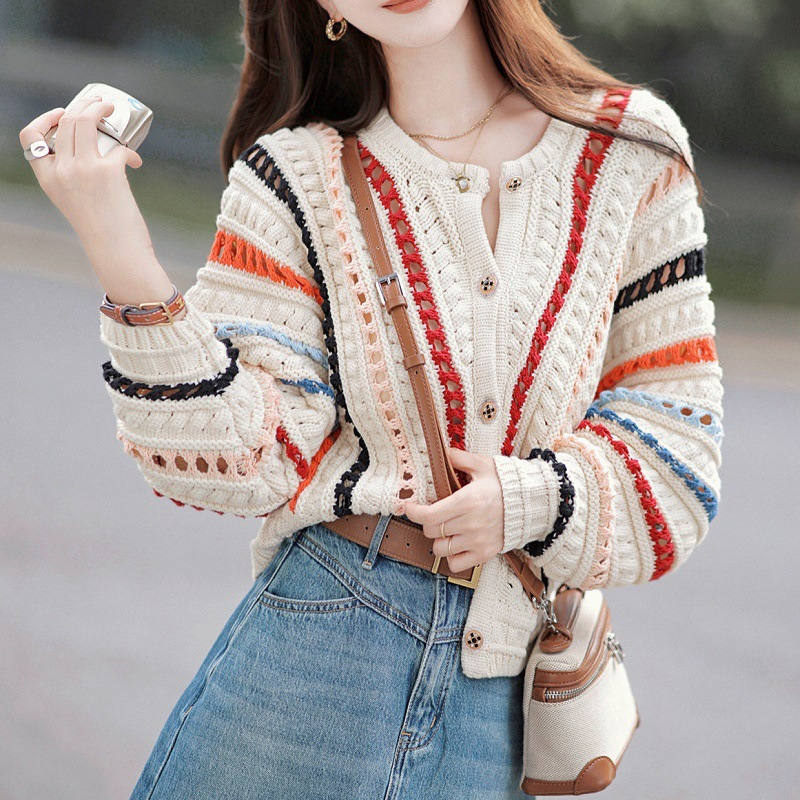 Korean-Style Rainbow Striped Batwing Sleeve Hollow-Out Sweater Women's Cardigan, New Spring and Autumn Color-Blocking Lazy Style Knit Cardigan Trendy