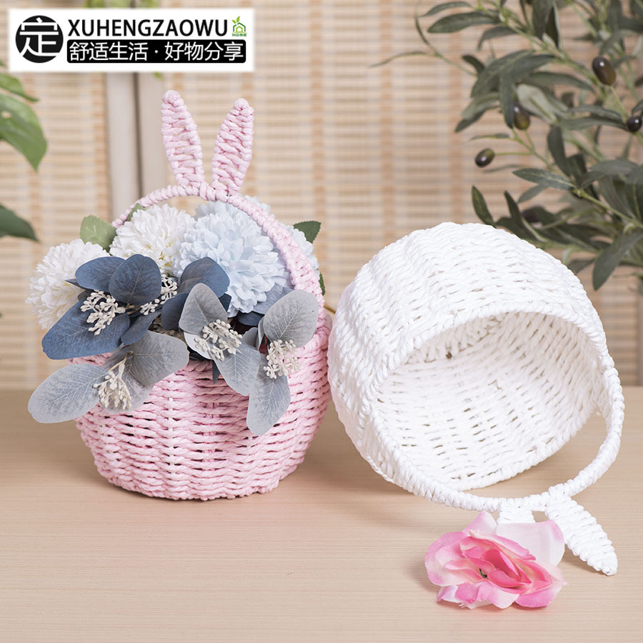 Cesta de flores de orejas de conejo tejidas con cuerda de papel personalizada pequeña Cesta de flores de floristería Cesta de flores de regalo de mano Cesta de flores de muestra personalizada