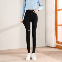 薄款秋冬季女装长裤破洞打底裤高腰学生女裤子修身小脚铅笔女裤子