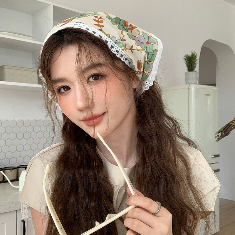 Pañuelo de seda de confinamiento de encaje de diadema francés de alta gama ins pañuelo de playa de fotografía de viaje de verano de alta gama