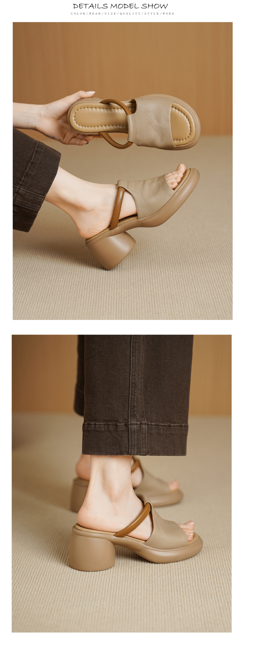 Sandal nữ hở mũi gót vuông đế dày da dê cao cấp — màu trắng ngà chi tiết 9