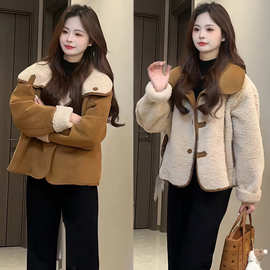冬季大翻领两面穿加绒羊羔毛短外套女韩版宽松加厚保暖毛绒夹克潮