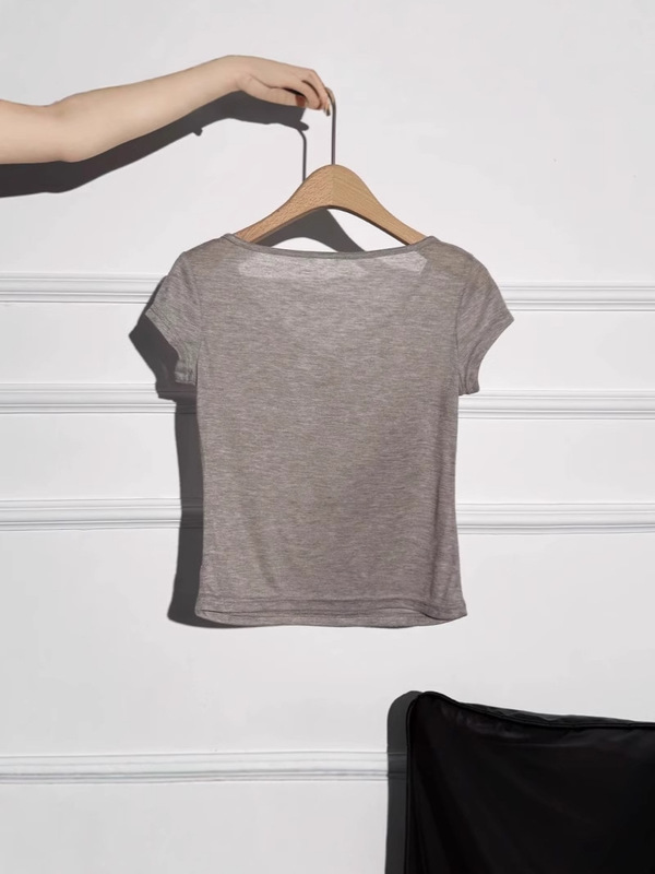 薄いデザインのレースアップUネック右肩半袖Tシャツ女性用2025夏新作ウエスト痩身気質トップ|undefined