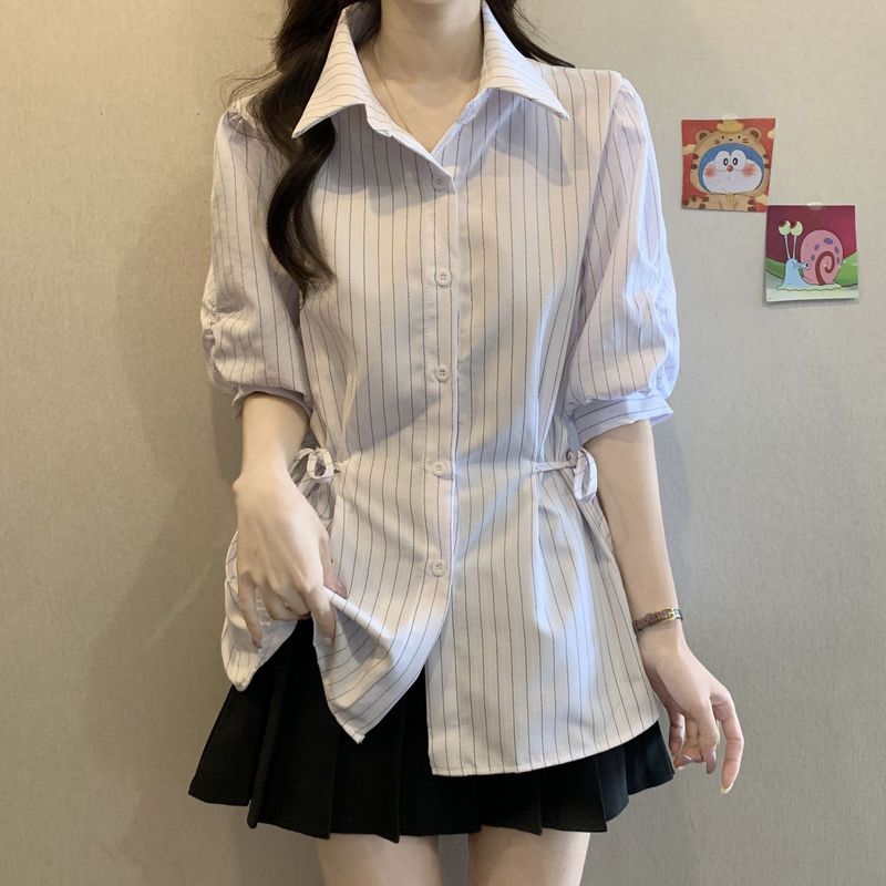 蓝色条纹女装法式短袖气质衬衫夏季大码2025收腰新款显瘦上衣白色|undefined
