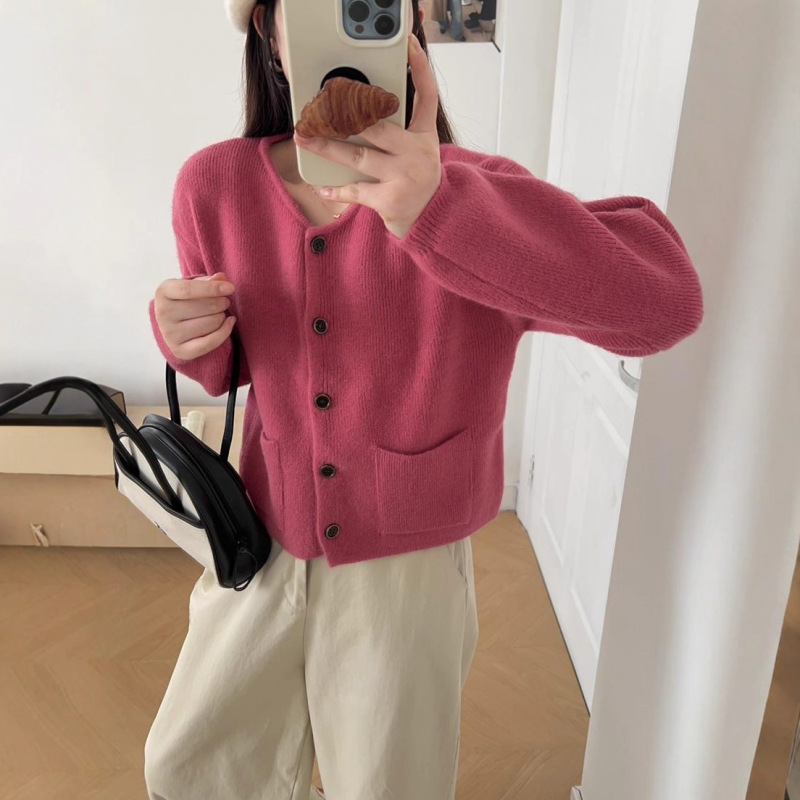 小个子简约双口袋针织开衫女2025秋新款韩版休闲百搭单排扣毛衣|undefined