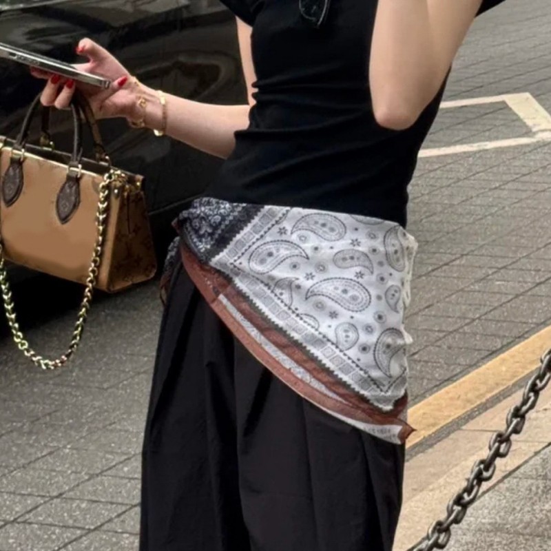 潮范！老钱风黑咖色腰果花腰巾系腰丝巾高级感洋气时尚配衬衫领巾|undefined