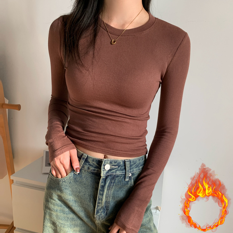 美式灰色正肩小衫长袖t恤女2025秋季新磨毛内搭打底修身百搭上衣|undefined