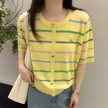 羊毛短袖针织衫女夏季新款薄款假开衫上衣宽松短款洋气条纹T恤衫