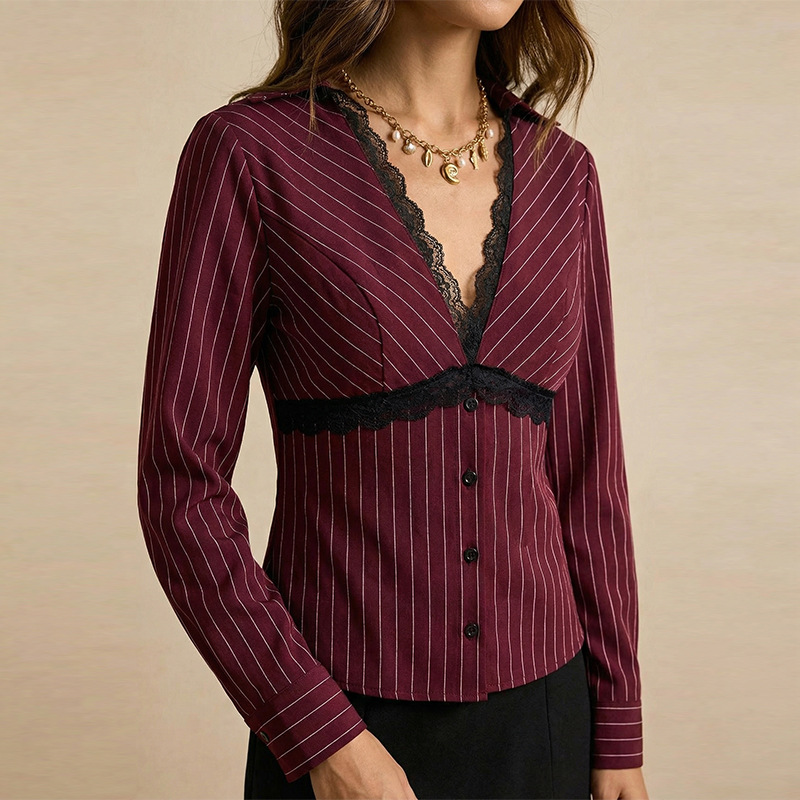 Women's Slim Fit Striped Long Sleeve Shirt Sexy Lace Top Casual Elegant Fashion Blouse For Autumn/Winter American Style_ecoleips.com