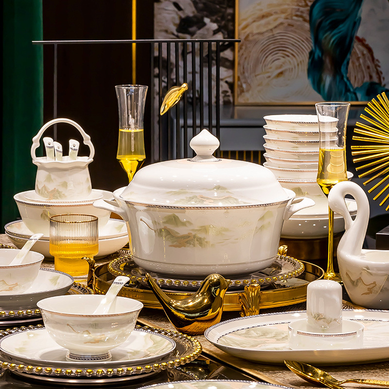 New Chinese-style light luxury landscape Jingdezhen bone china tableware set for moving into a new home, ceramic bowls, plates, and chopsticks, Chinese-style light luxury bowl set