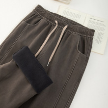 莱赛尔复古做旧加绒加厚直筒裤女秋冬新款立体松紧腰牛仔休闲裤