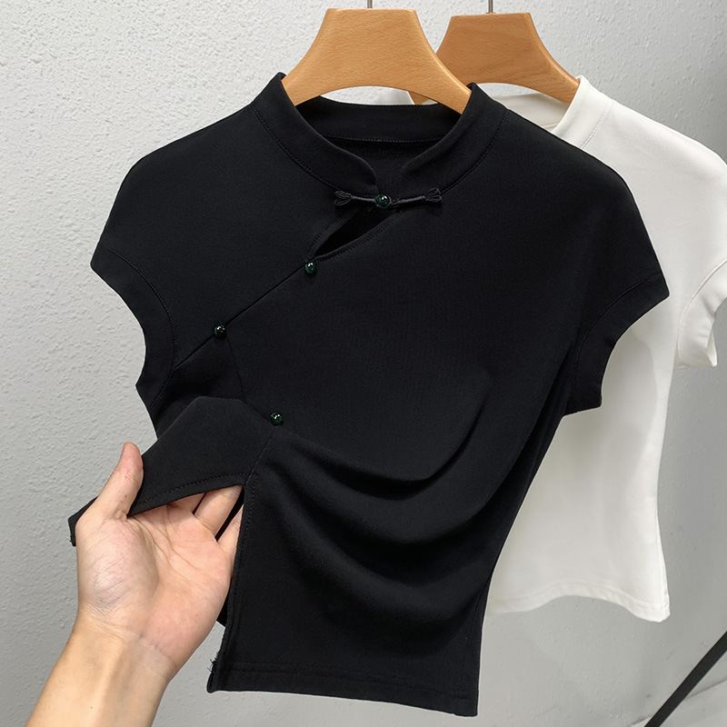 Nuevo estilo chino chaleco de manga corta para mujer, verano de 2025, nuevo estilo retro, diseño de hebilla de disco, camiseta con mangas image 4