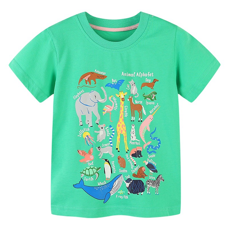 26 nuevos productos de verano: camisetas de manga corta para niños con estampados de animales de dibujos animados, camisetas de manga corta con cuello redondo para niños pequeños y medianos, disponibles para dropshipping.