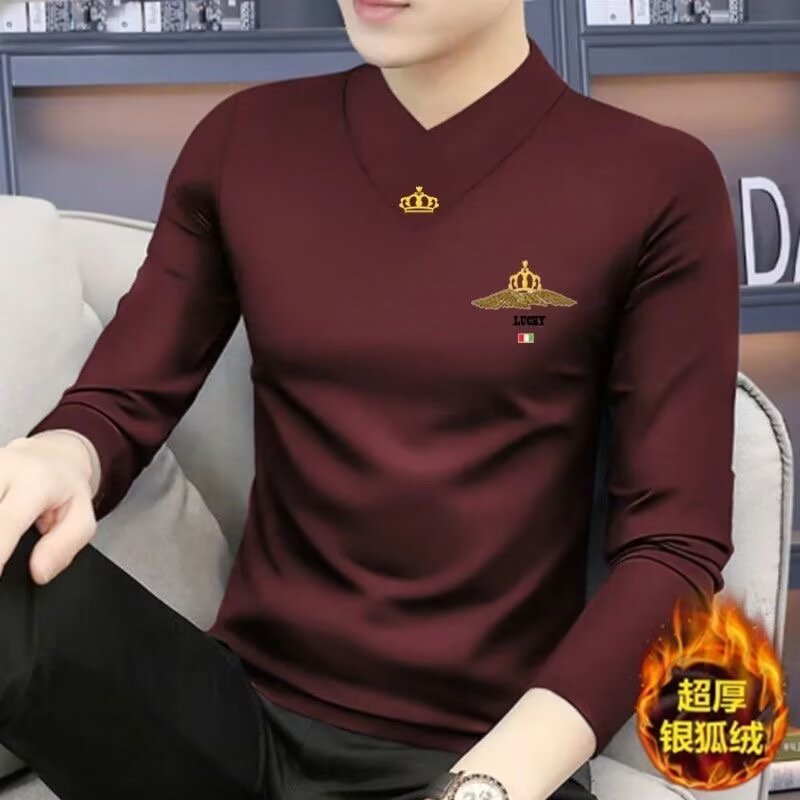 Fuente fabricante Silver Fox terciopelo nueva camiseta de manga larga otoño e invierno para hombres más terciopelo interior de gama alta con camisa cálida con cuello en v