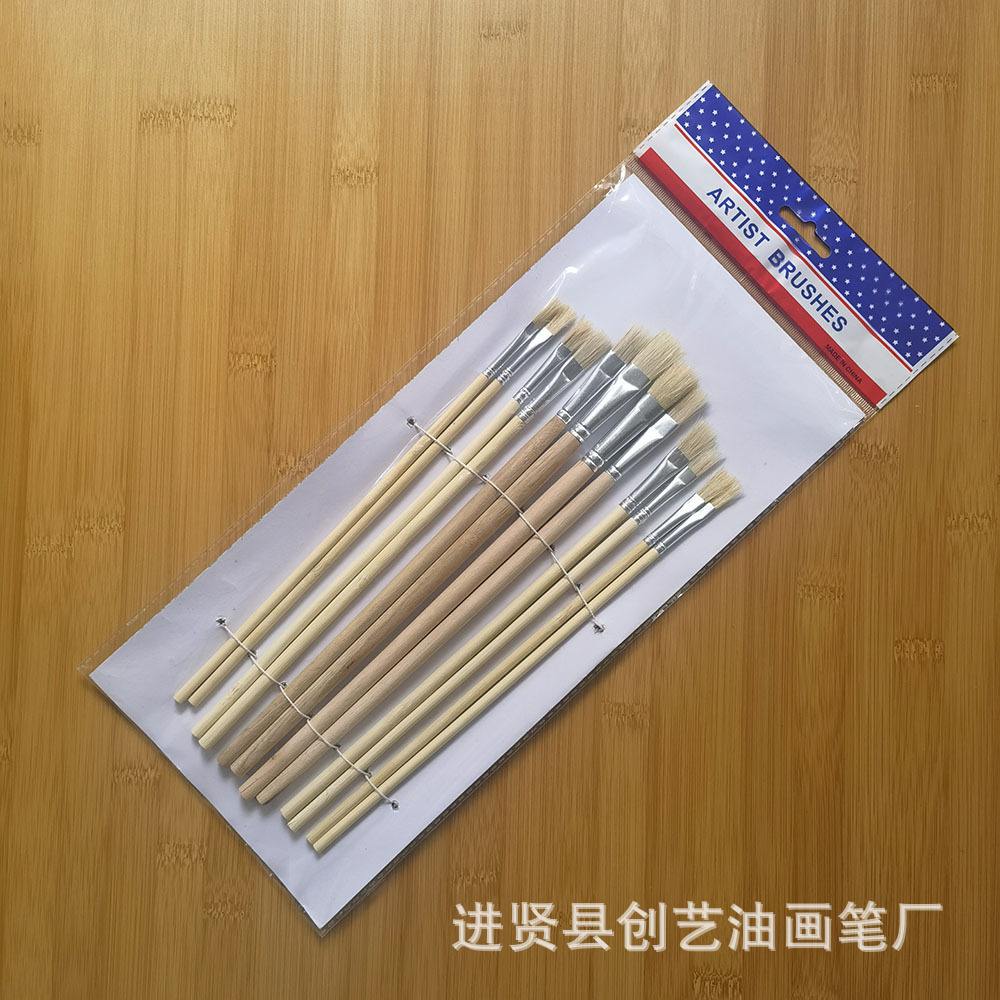 加工定制便宜竹杆杂木杆12支猪鬃油画笔套装便宜猪鬃油画笔12支套