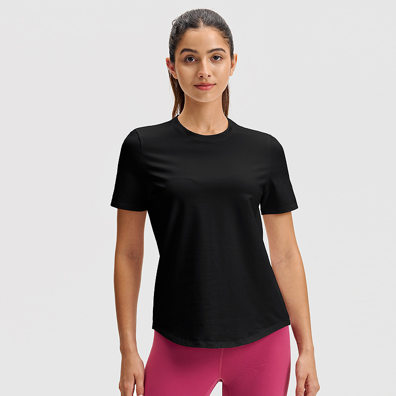 Camiseta de yoga casual lulu para mujer de manga corta deportiva clásica simple Lycra camiseta de cuello redondo de secado rápido transpirable de alta elasticidad