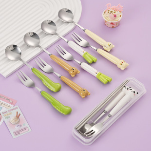 Cartoon Stainless Steel Fork Spoon Ceramic Cute Panda Dinosaur Cute Eating Spoon Kidsren's Spoon Fork Chopsticks Portable Box