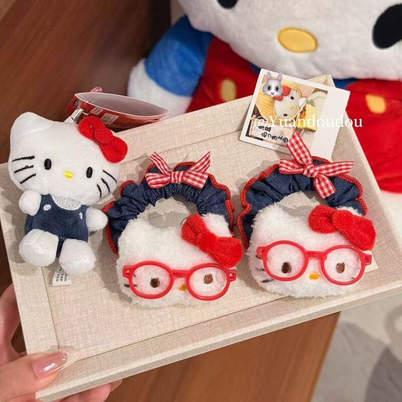 かわいい昔ながらのメガネキティ猫デニムヘアバンド女の子シンプルなポニーテール高弾性ヘアロープゴムバンド|undefined