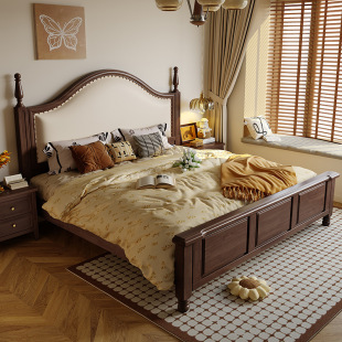 Antique soft American big bed net red solid wood double bed 1.8m black walnut color wedding bed master bedroom European 1.5M
