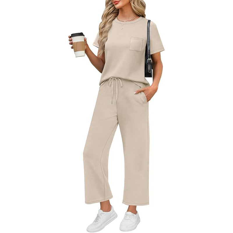 European and American Cross-border 2-piece Women's Casual Summer Travel Holiday Clothing Short-sleeved Wide-leg Pants Casual suit Solid Color