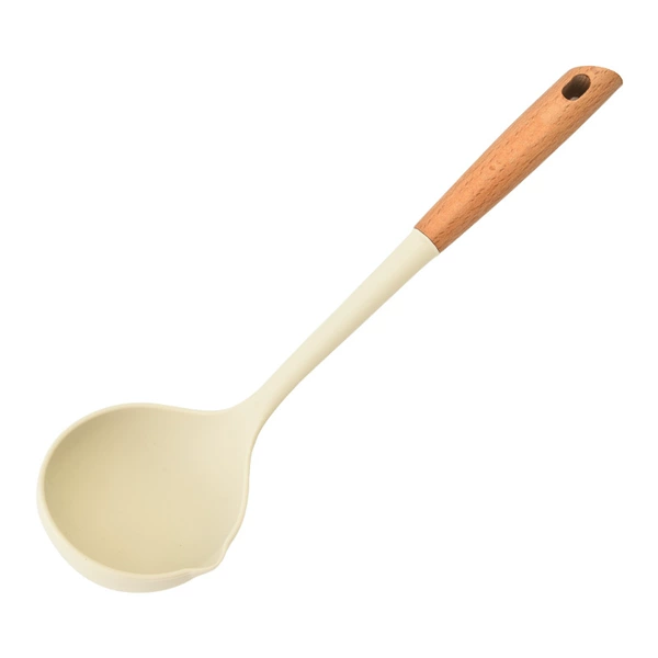 Silicone soup spoon with beveled wooden handle