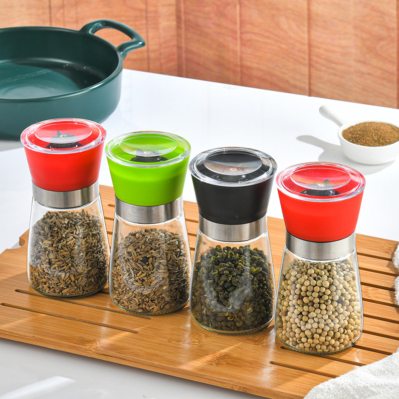 跨境手动研磨器玻璃瓶黑胡椒花椒海盐不锈钢研磨器家用厨房调味瓶
