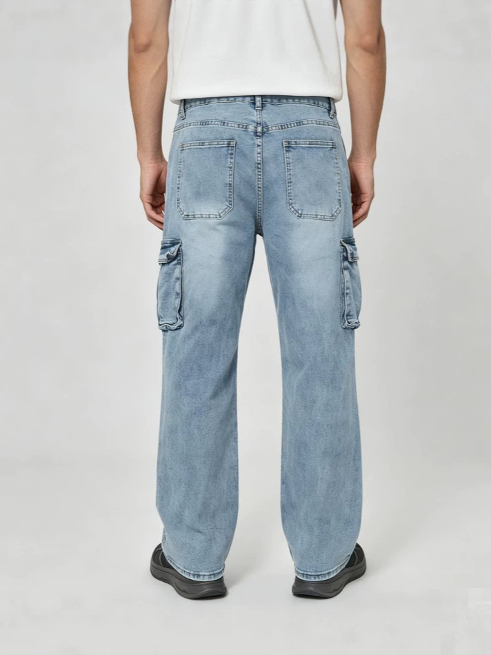 Jeans Cargo Rectos para Hombre de Mezclilla de Algodón, Múltiples Bolsillos, para Uso Casual