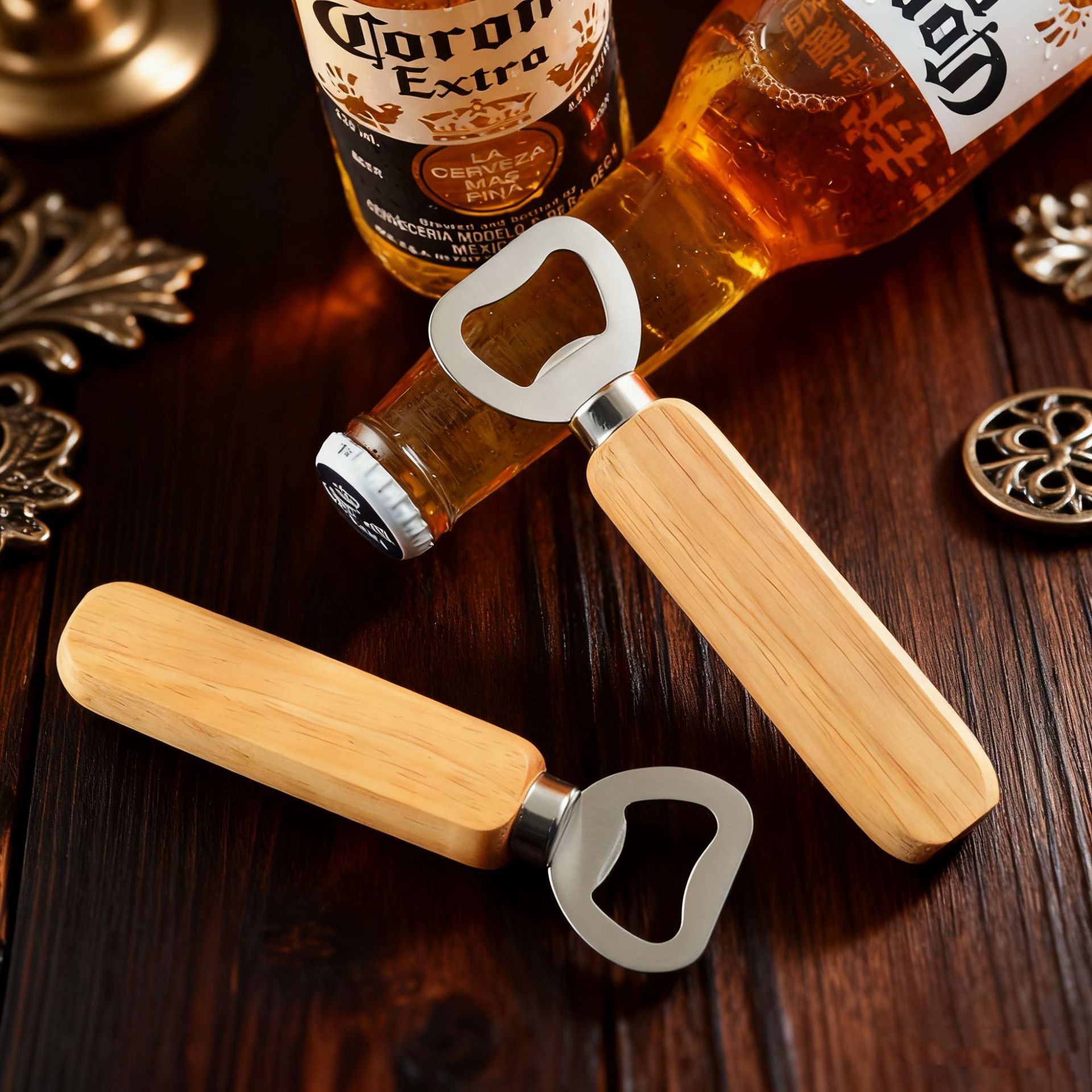 Cross-border bestseller stainless steel wooden handle bottle opener, creative beer can opener, beer soda cap opener