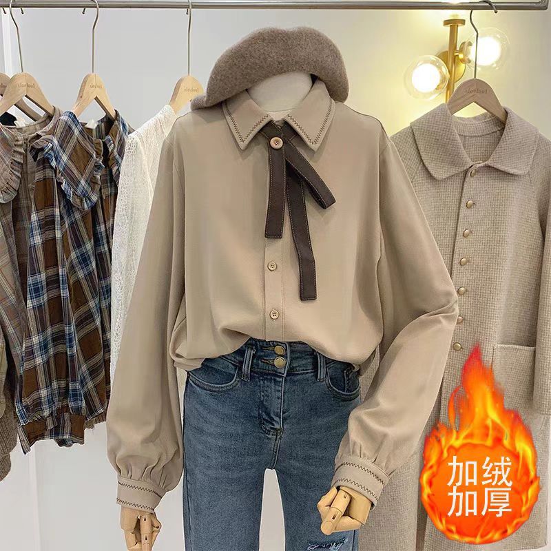 学院风衬衫女2025秋冬新款加绒宽松长袖叠穿上衣复古磨毛衬衣外穿