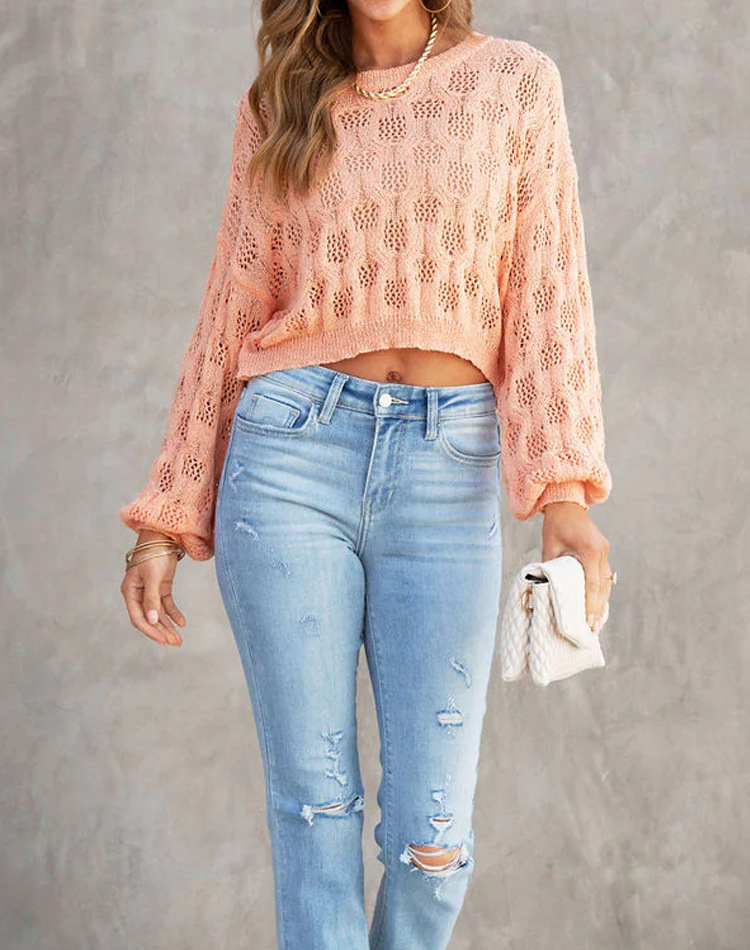 Women's Sweater Loose Lantern Sleeve Round Neck Knit Pullover_voghion.com