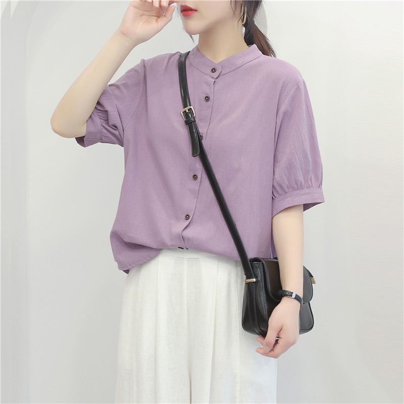 2025 Summer Cotton and Linen Shirts Women's Lantern Sleeve Retro Artistic Tops Loose Slimming Mid-Sleeve Large Size Shirts Women 2025 Summer Cotton and Linen Shirts Women's Lantern Sleeve Retro Artistic Tops Loose Slimming Mid-Sleeve Large Size Shirts Women