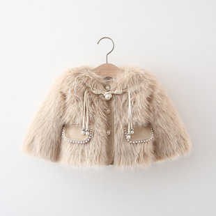 Winter baby girls' faux fur Korean style fleece-lined two-pocket long sleeve girls' warm outwear Western style princess coat