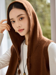 时尚气质羊绒针织连帽马甲女开衫春秋冬抽绳叠穿拉链坎肩无袖帽衫