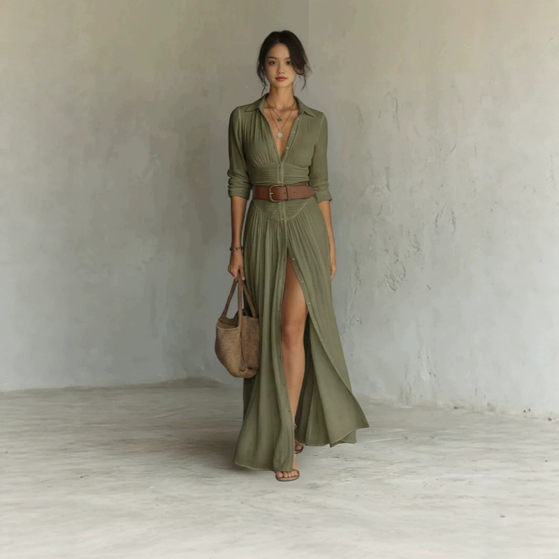 2026 European and American style women's collared long-sleeve shirt dress, pleated high-waisted long holiday dress with slit and belt 2026 European and American style women's collared long-sleeve shirt dress, pleated high-waisted long holiday dress with slit and belt