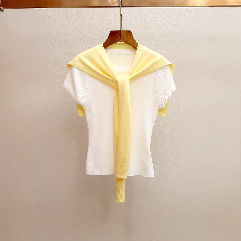 Shenzhen Nanyou High-End Women's Clothing Spring and Summer New French Style Youthful Sweet Shawl Slim-Fit Knit T-Shirt Top