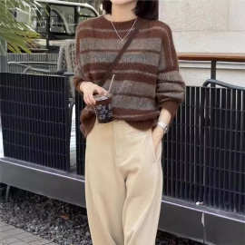 春秋新款打底衫跨境撞色条纹毛衣女休闲风软糯宽松显瘦针织上衣