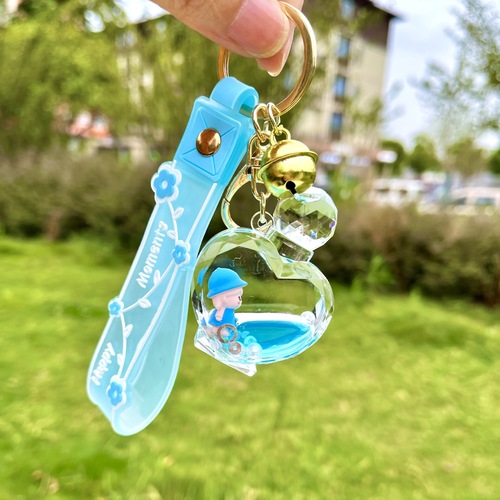 Acrylic Heart Shaped Perfume Bottle Hat Girl Floats Into Oil Liquid Quicksand Bottle Keychain Pendant Jewelry Wholesale