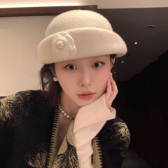法式羊毛白色礼帽女秋冬赫本风优雅珍珠千金帽子女感贝雷帽显脸小