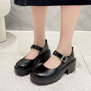 Mary Jane Small Leather Shoes Women's 2024 Autumn New British Academy Style Bright Leather High Heel Shoes Round Head Platform Shoes